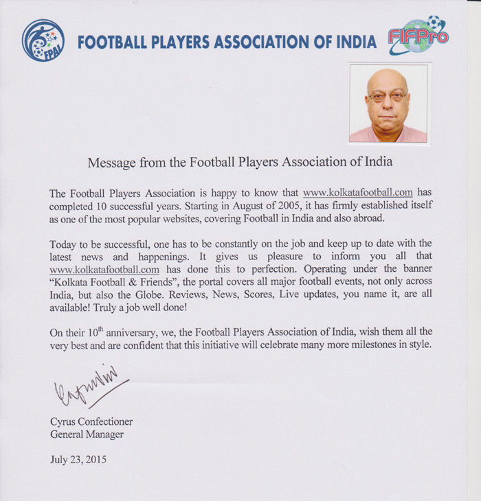  message of FOOTBALL PLAYERS ASSSOCIATIONOF INDIA for 10th year