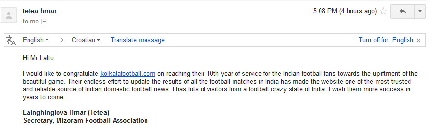  message of MIZORAM FOOTBALL ASSOCIATION for 10th year