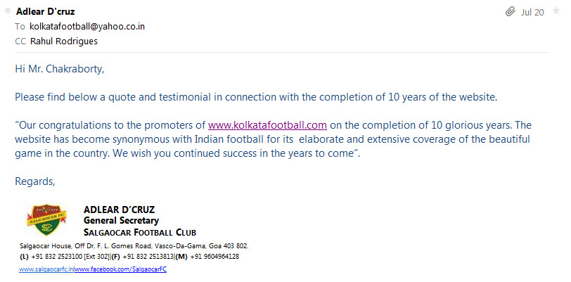  message of SALGAOCAR SC for 10th year