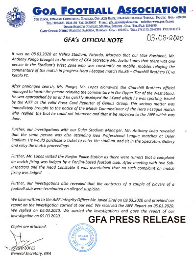 GOA FOOTBALL ASSOCIATION LETTER TO AIFF