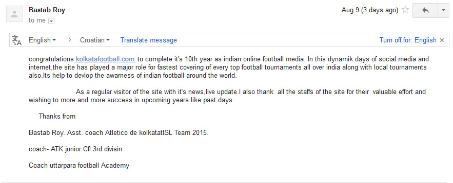  message of ATLETICO DE KOLKATA for 10th year
