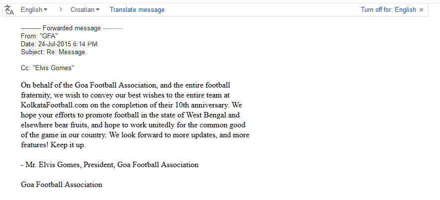  message of GOA FOOTBALL ASOCIATION for 10th year